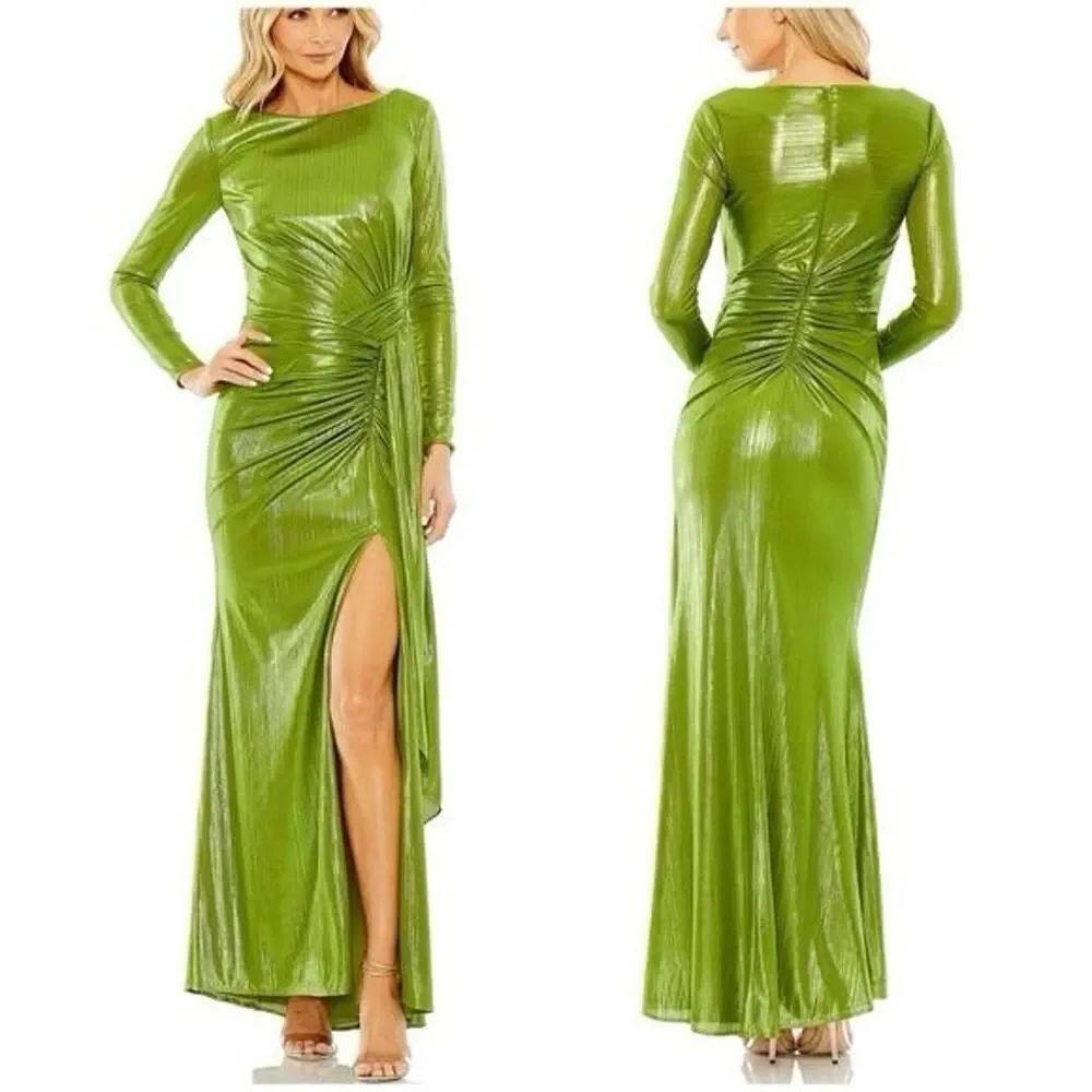 Mac Duggal Metallic Green Gown Long Sleeve Ruched Slit Dress Size 12